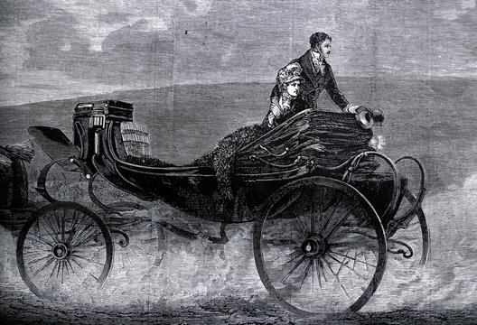 Couple riding in horse carriage looking back