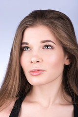 Naklejka premium Portrait of beautiful woman, model with fresh daily makeup. Fash