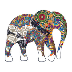 Image of an elephant painted in a decorative pattern
