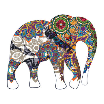 Image of an elephant painted in a decorative pattern