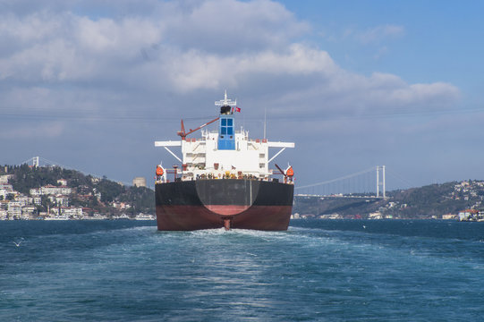 Freighter headed down the Bosphorus Straits towards the Black Sea 
