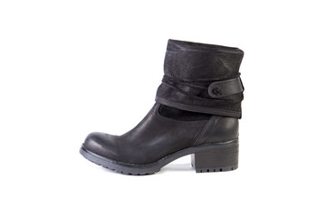 Suede women's boots on a white background, black shoes, autumn and winter, side view
