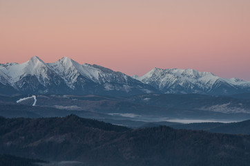 Tatra Mountains from Wysoka in Pieniny mountains, autumn morning