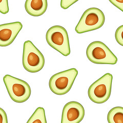 Vector seamless background with avocado fruit slices on a white background.