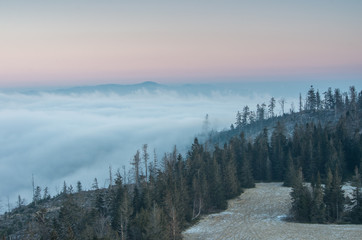 Carpathian mountains. Gorce in the clouds, seen from Luban mountain in Beskidy, Poland