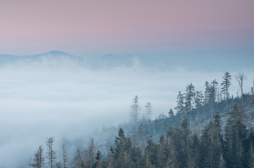 Carpathian mountains. Gorce in the clouds, seen from Luban mountain in Beskidy, Poland
