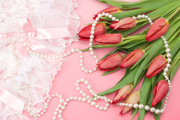 

Sexy Valentines day woman set and flowers on pink background