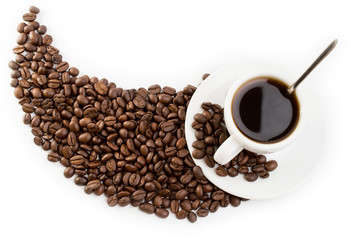Coffee cup and beans on a white background.