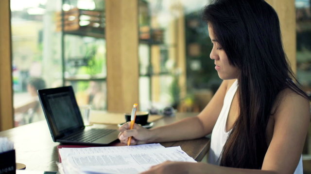 Young, pretty woman working with documents and laptop in cafe
