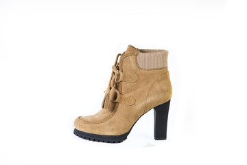 women's shoes on a white background, brown shoes, suede boots Spring