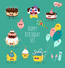 Funny birthday set. Birthday cake, invitation, clown, balloons, gifts, candles. Vector illustrations. - 102699586