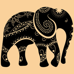 Decorative elephant front view with stylized ornament hand drawn