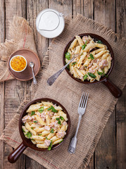 Pasta with meat , herbs and cream with a sauce of grain mustard.