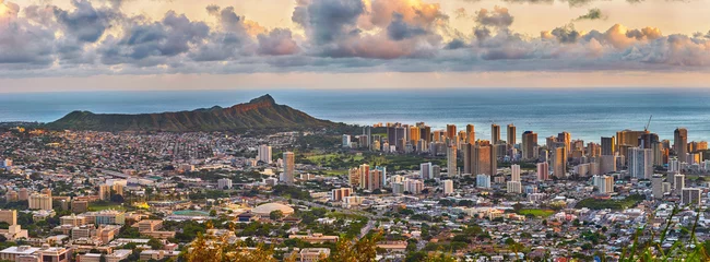 Photo sur Plexiglas construction de la ville Waikiki et Diamond Head depuis le belvédère de Tantalus