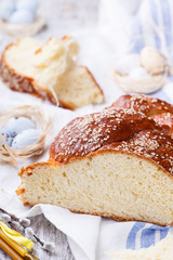 Easter cake  with painted eggs willow and candles.