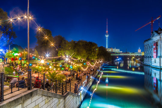 Berlin Strandbar Party At Spree River With TV Tower At Night, Germany