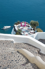 Fototapeta na wymiar Santorini - The restaurant geared to wedding romantic dinner in Oia