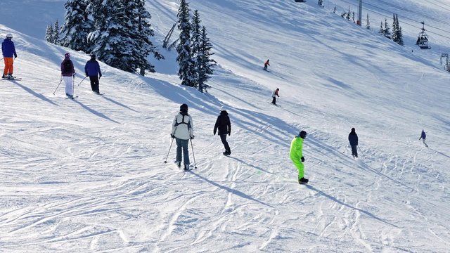 Many People Skiing Down Slope