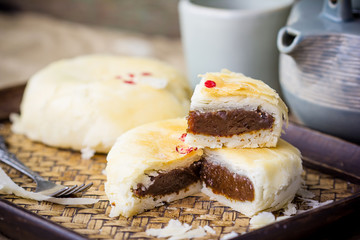 Homemade mooncake and tea