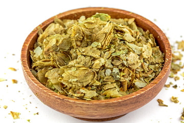 Dried Hops in a wooden bowl