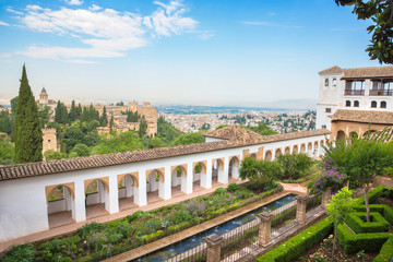 Fototapeta na wymiar Granada - The outlook from the Generalife palace to Alhambra.
