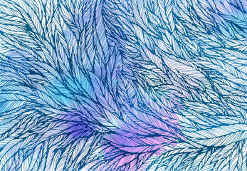 pattern of blue violet feathers, leaves, twigs, vector illustration