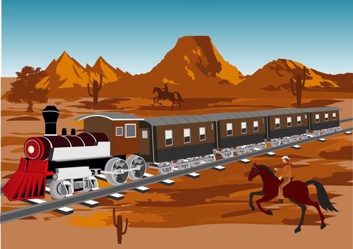 Wild west vector illustration. Train in prairie, cowboy on horse, blue sky