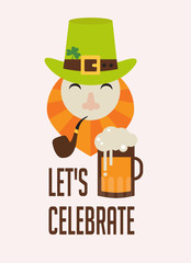 Cute cartoon leprechaun with beer. St. Patricks Day celebration.