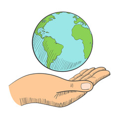 Illustration of a hand holding globe