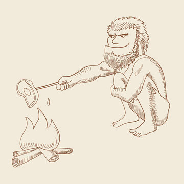 recommend clip art: Line art illustration of a caveman cooking meat on fire