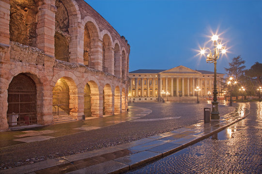 Verona - Arena and Comune di Verona building at dusk