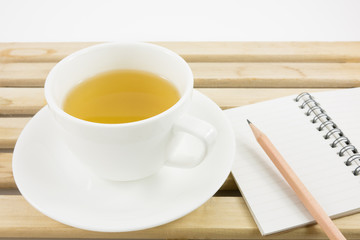 The cup of Japanese green tea on wooden tray.
