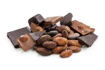 cocoa beans and chocolate on white background, isolated