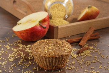 Fresh muffin with millet groats, cinnamon and apple baked with wholemeal flour, delicious healthy dessert