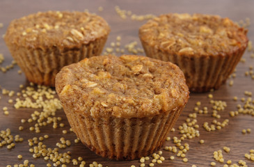 Fresh muffins with millet groats, cinnamon and apple baked with wholemeal flour, delicious healthy dessert