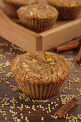 Fresh muffins with millet groats, cinnamon and apple baked with wholemeal flour, delicious healthy dessert