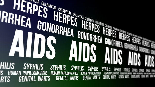 Scrolling names of different sexually transmitted diseases or STDs and infections.