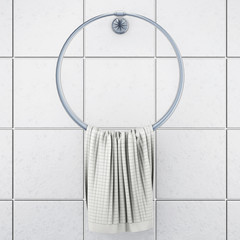 Towel hanger on the white tile. 3d rendering