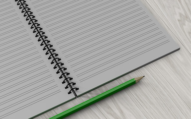 pencil on checked notebook on wood background