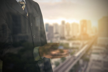 Double exposure of business man suit open hand ready for handsha