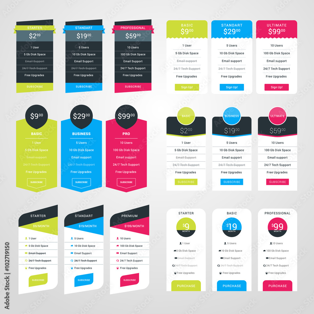 Wall mural set of pricing table design templates for websites and applications. flat style vector illustration