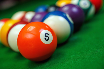 billiard balls on a green pool table, closeup
