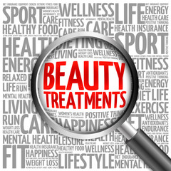 Beauty Treatments word cloud with magnifying glass, health concept