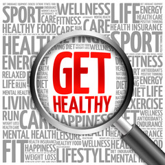 Get Healthy word cloud with magnifying glass, health concept