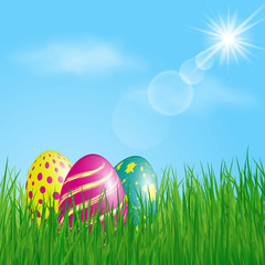 Obraz na płótnie Canvas Three colorful Easter Eggs in the grass on sunny sky background. Vector illustration.