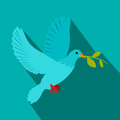Dove of peace flying with a green twig olive icon