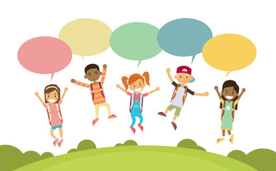 Obraz na płótnie Canvas Children Happy Smile Group Jump Colorful Chat Box Park