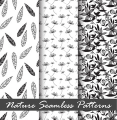 nature black and white vector seamless patterns . Endless texture can be used for wallpaper, pattern fills, web page background,surface textures