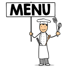 Cartoon Koch Menu hält Schild hoch