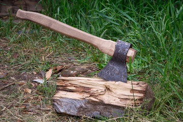 Axe with firewood.